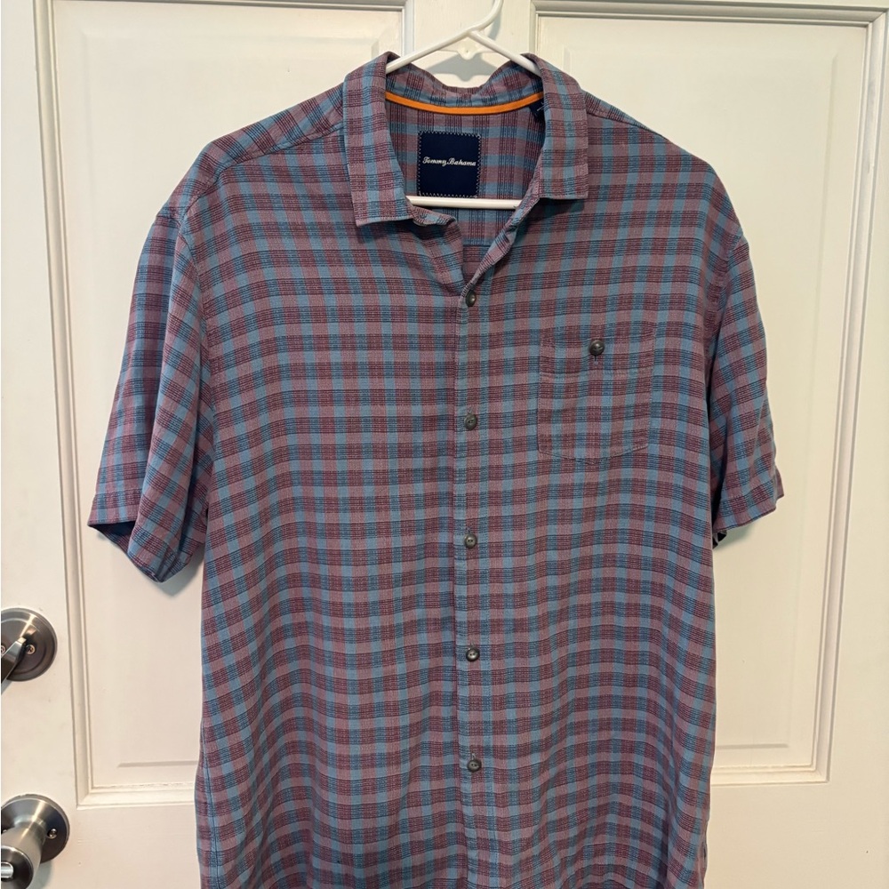 Tommy Bahama Blue and Burgundy Check Short-Sleeve Button-Down